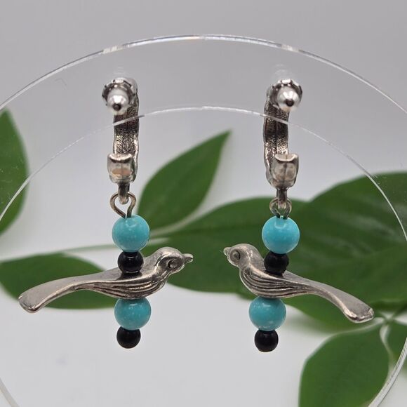 Vintage Silvertone Post Hoops Birds and Blue Beads Drop Dangle Earrings - Picture 3 of 6